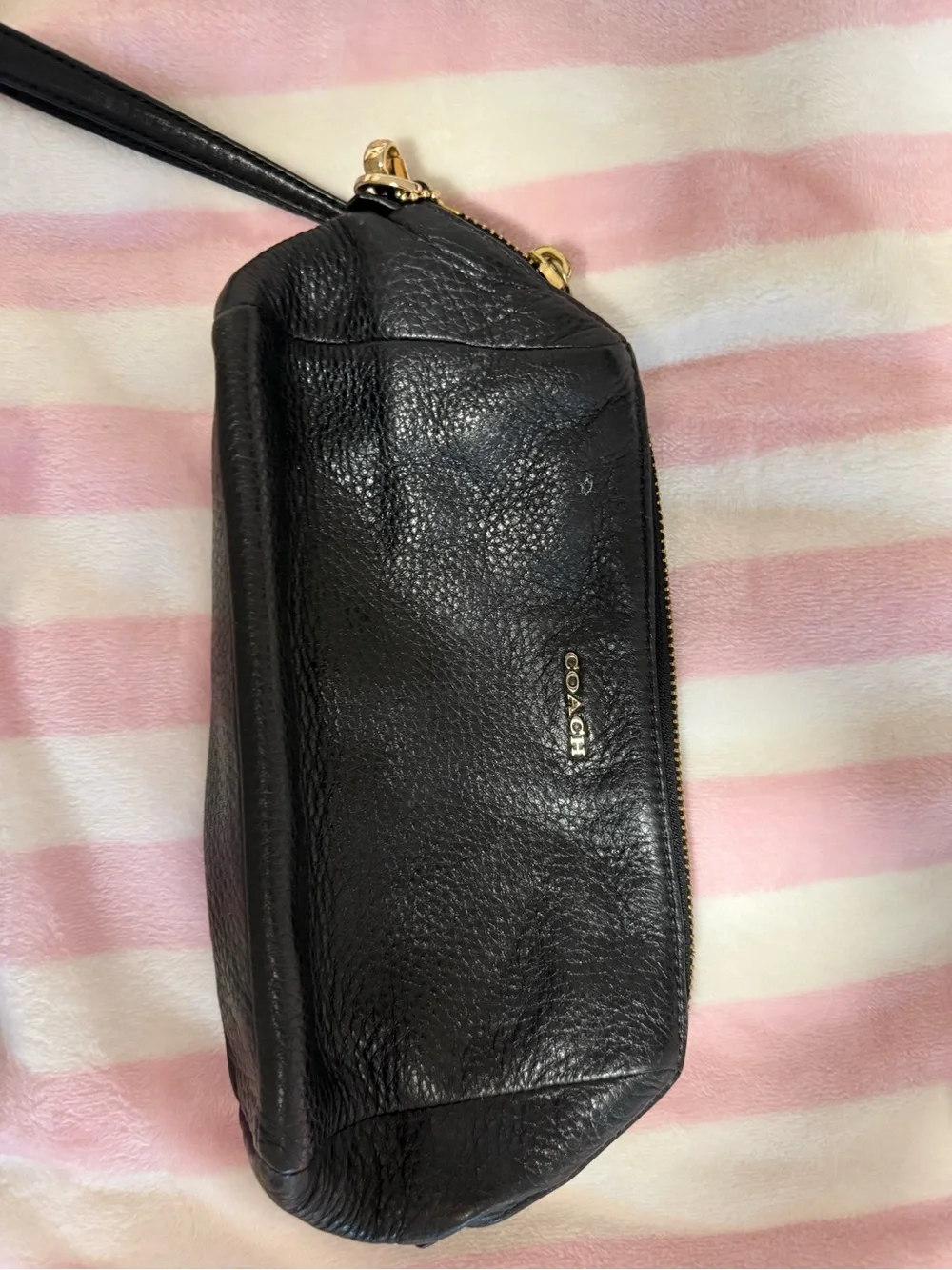 Coach Black Pebble Leather Wristlet with Gold Hardware